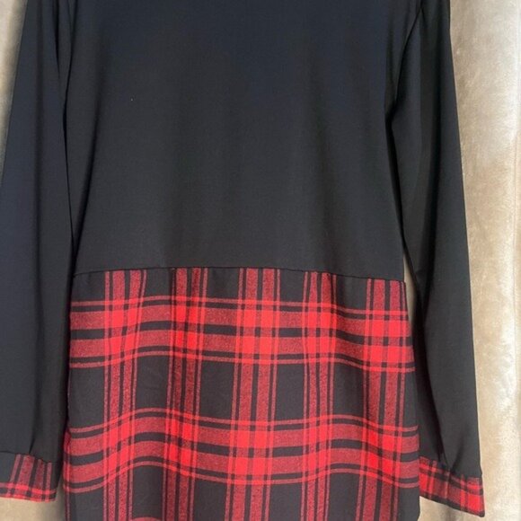 Black Long Sleeve Tunic Top Red Buffalo Plaid Cuff Hemline Round Neckline Large - Picture 5 of 10